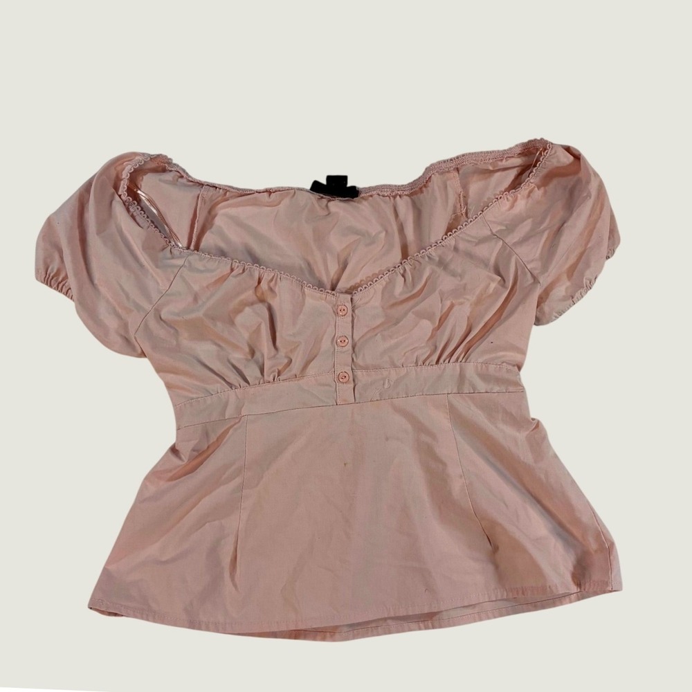 Arden B Women's Peplum Blouse Medium Pink Puff Sleeve Lace Trim Top P45